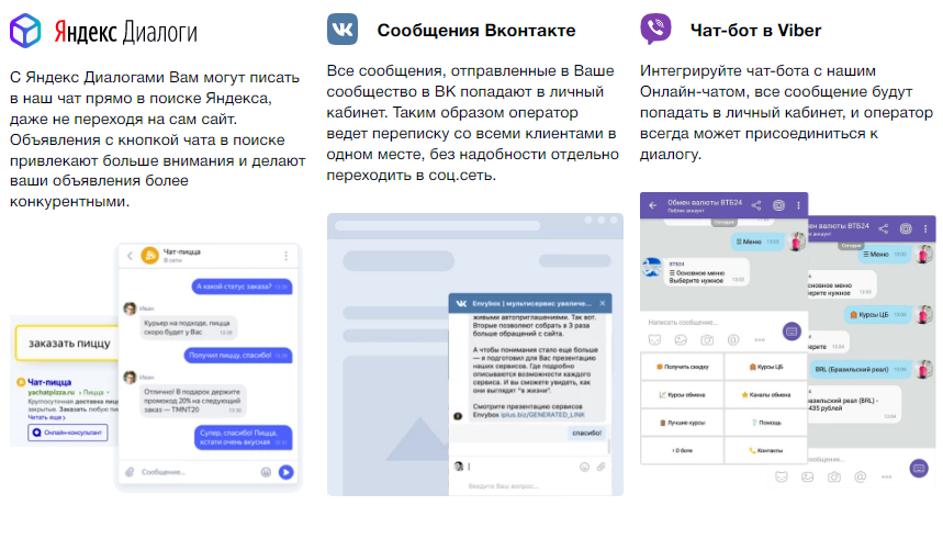 Интеграция онлайн чата с Яндекс.Диалогами, сообщениями в ВКонтакте или Viber 